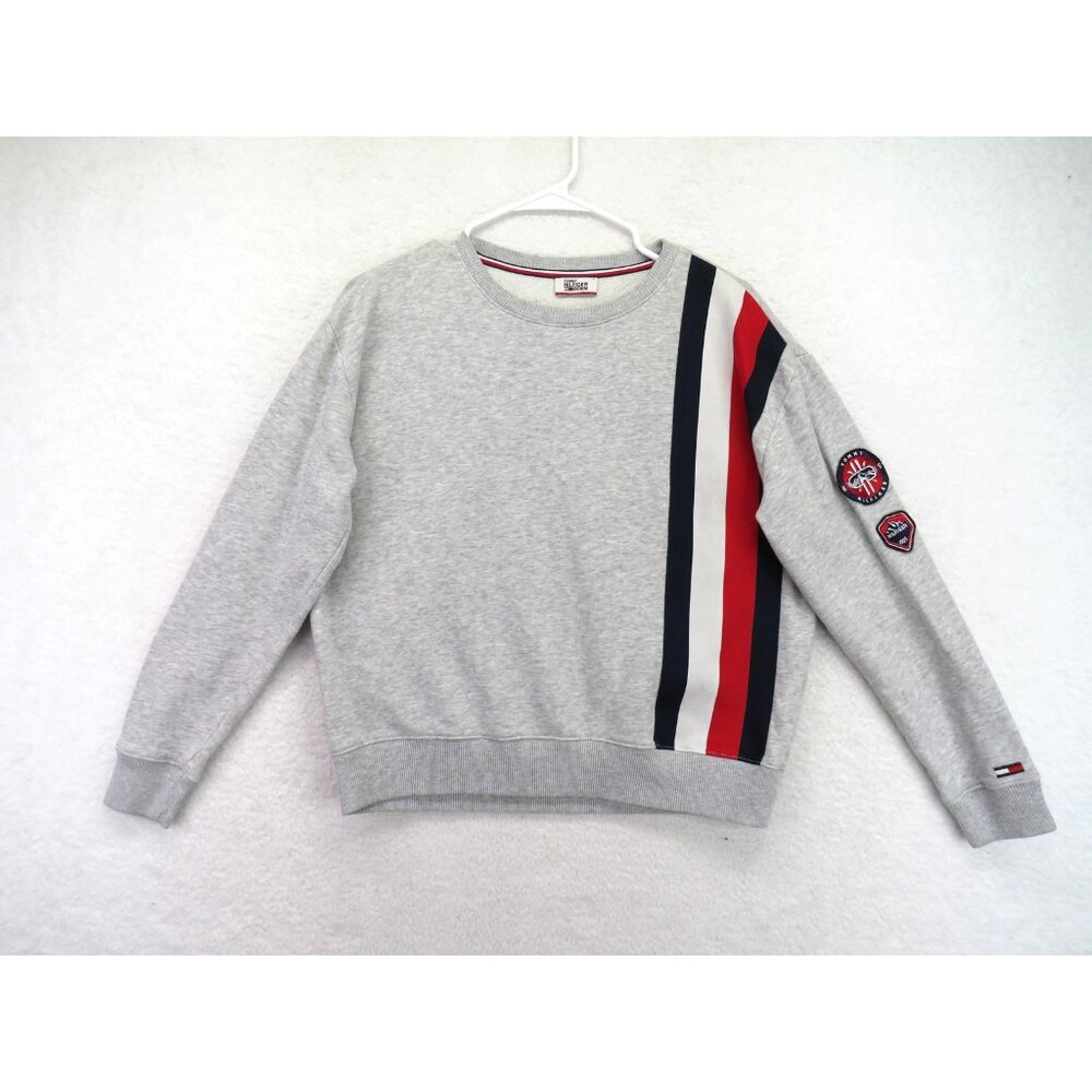 Tommy Hilfiger Denim Sweatshirt Mens Medium Gray Crewneck Side Stripe Patches‎